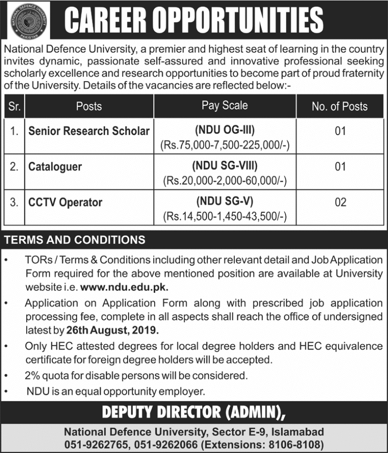 National Defence University (NDU) Islamabad Jobs 2019 for Cataloger, Research and CCTV Operator Posts