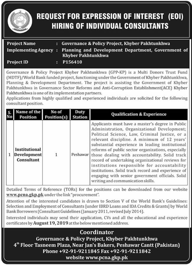 Planning & Developmetn Department KP Jobs 2019 for Consultants
