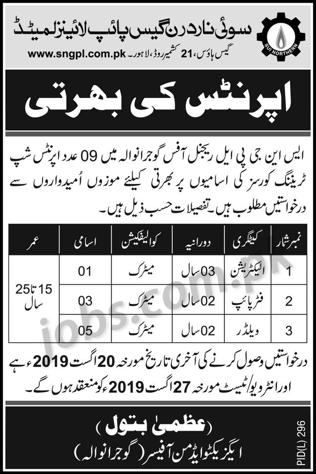 SNGPL Apprenticeship Program 2019