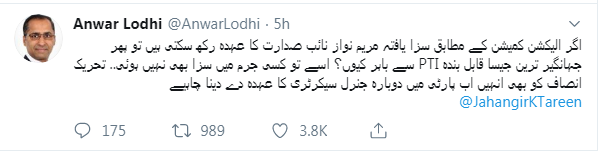 IF, MARYAM NAWAZ, IS, ELIGIBLE, FOR, PARTY, DESINATION, THEN, WHY NOT, JEHANGIR KHAN TAREEN