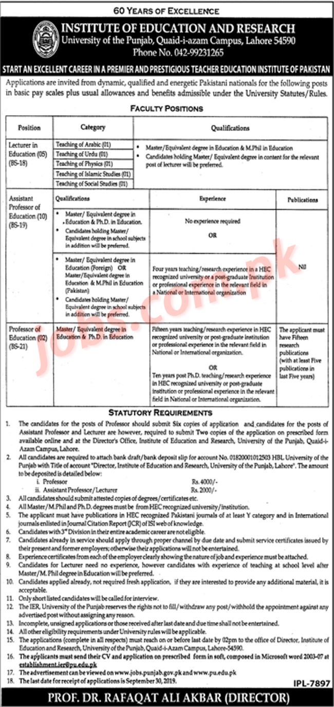 University of Punjab Jobs 2019 for Teaching Faculty at Institute of Education & Research