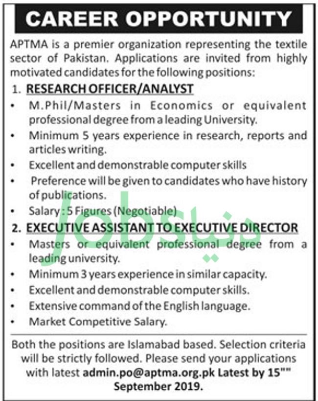 APTMA Pakistan Jobs 2019 for Research Officer / Analyst and Executive Assistant