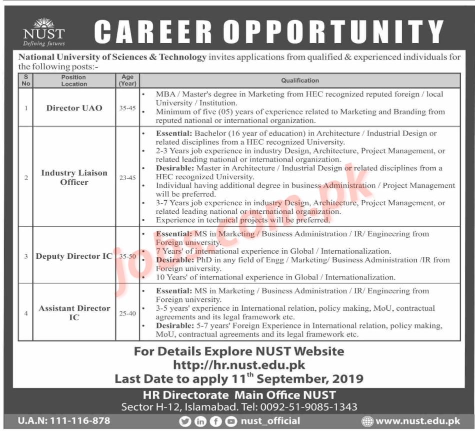 NUST Jobs 2019 for Liaison Officer, Assistant / Deputy Directors and Directors