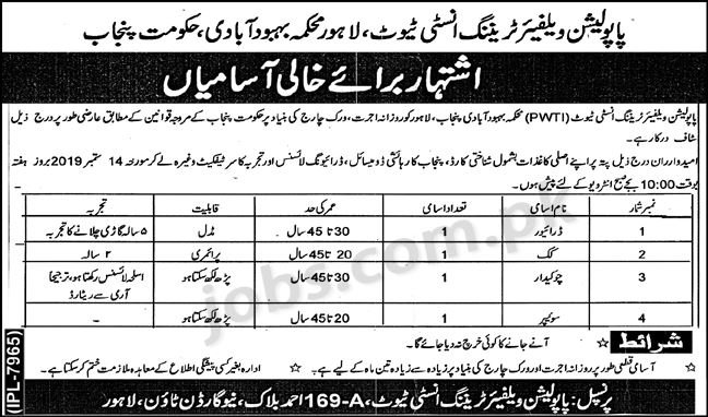 Population Welfare Department Lahore Jobs 2019 for Driver & Support Staff