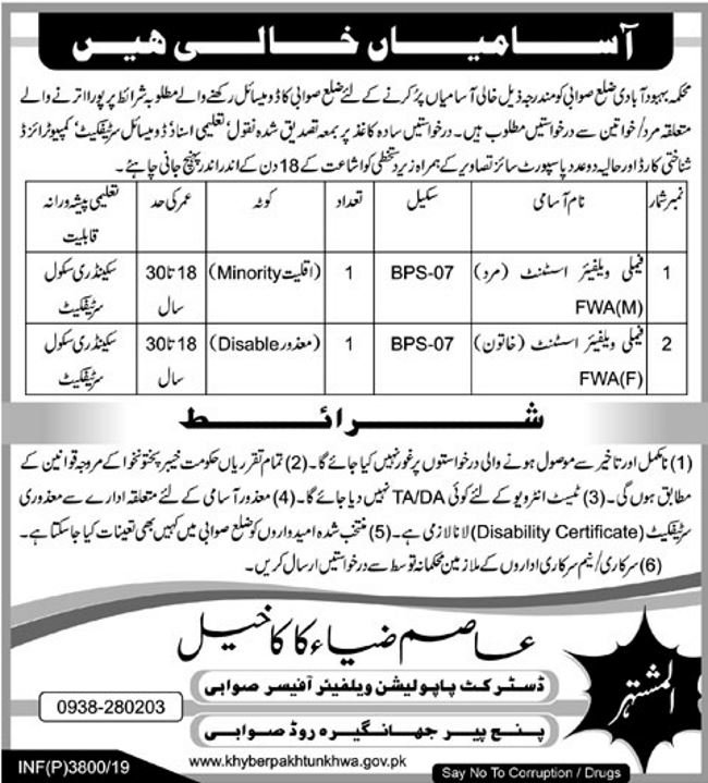 Population Welfare Department KP Jobs 2019 for Family Welfare Assistants (Swabi)