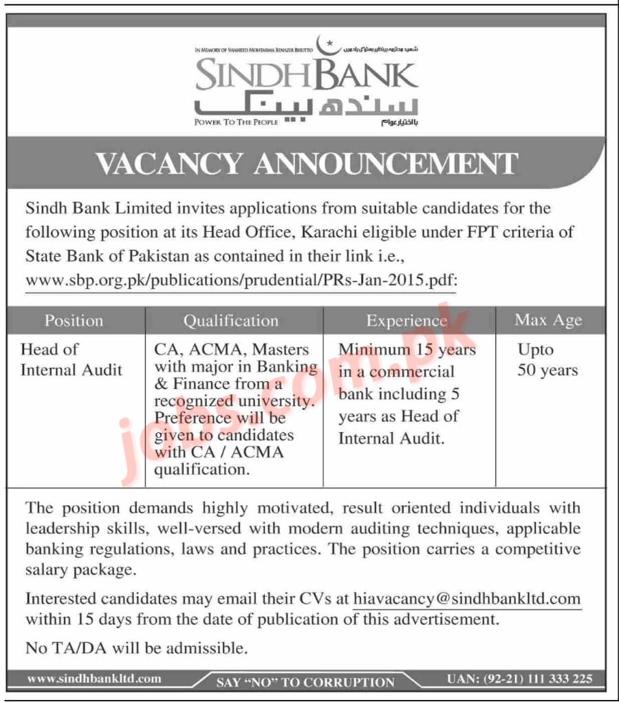 Sindh Bank Jobs 2019 for Head of Internal Audit