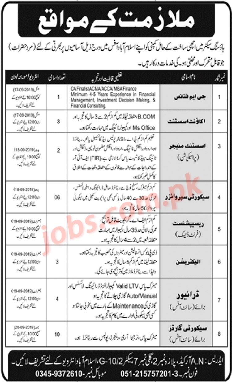 Islamabad Housing Company Jobs 2019 for 30+ Admin, Accounts, Receptionist, Security Guards & Other