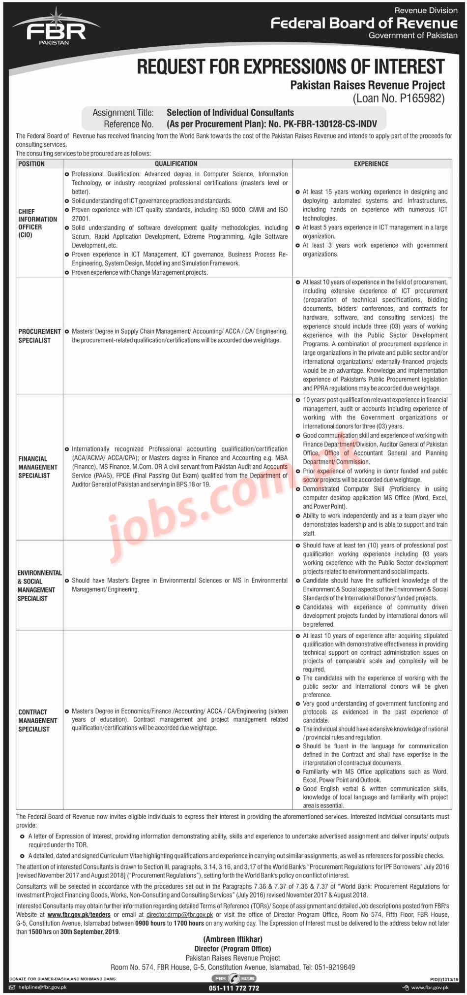 Federal Board of Revenue (FBR) Jobs 2019 for Specialists / Consultants