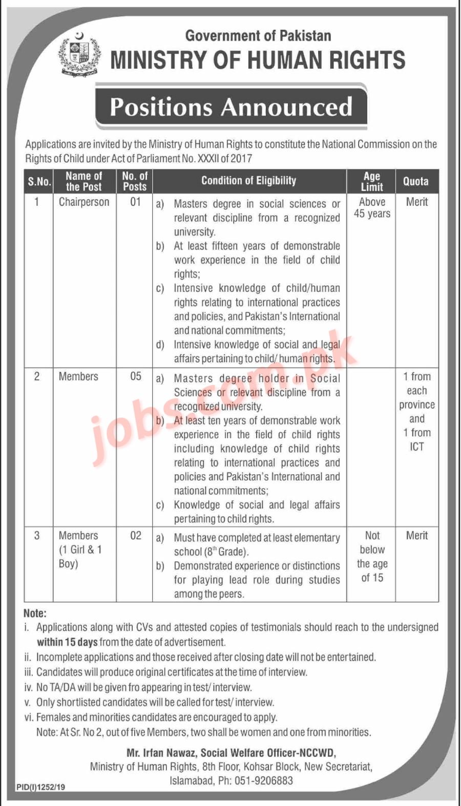 Ministry of Human Rights Pakistan Jobs 2019 for Members and Chairperson
