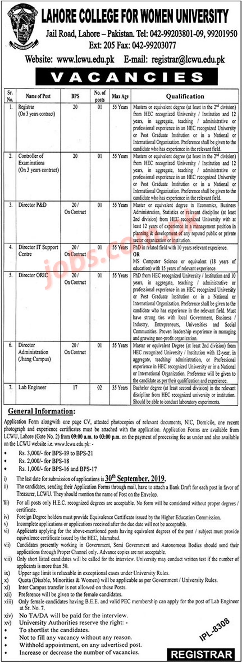 Lahore College for Women University (LCWU) Jobs 2019 for Lab Engineers, Registrar, Controller of Exams & Directors