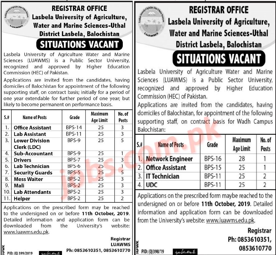 Lasbela University (LUAWMS) Jobs 2019 for 38+ IT, Clerks, Accounts, Office, Lab & Support Staff