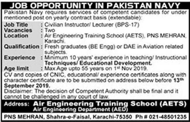 Pakistan Navy Jobs 2019 for Civilian Instructors / Lecturers at Air Engineering Training School
