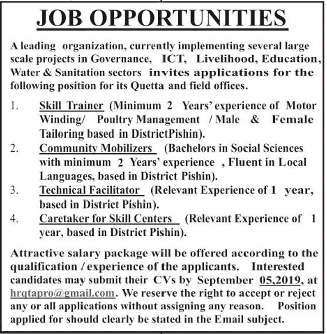 Quetta Leading Organization Jobs 2019 for Skill Trainers, Community Mobilizers, Facilitators and Caretakers