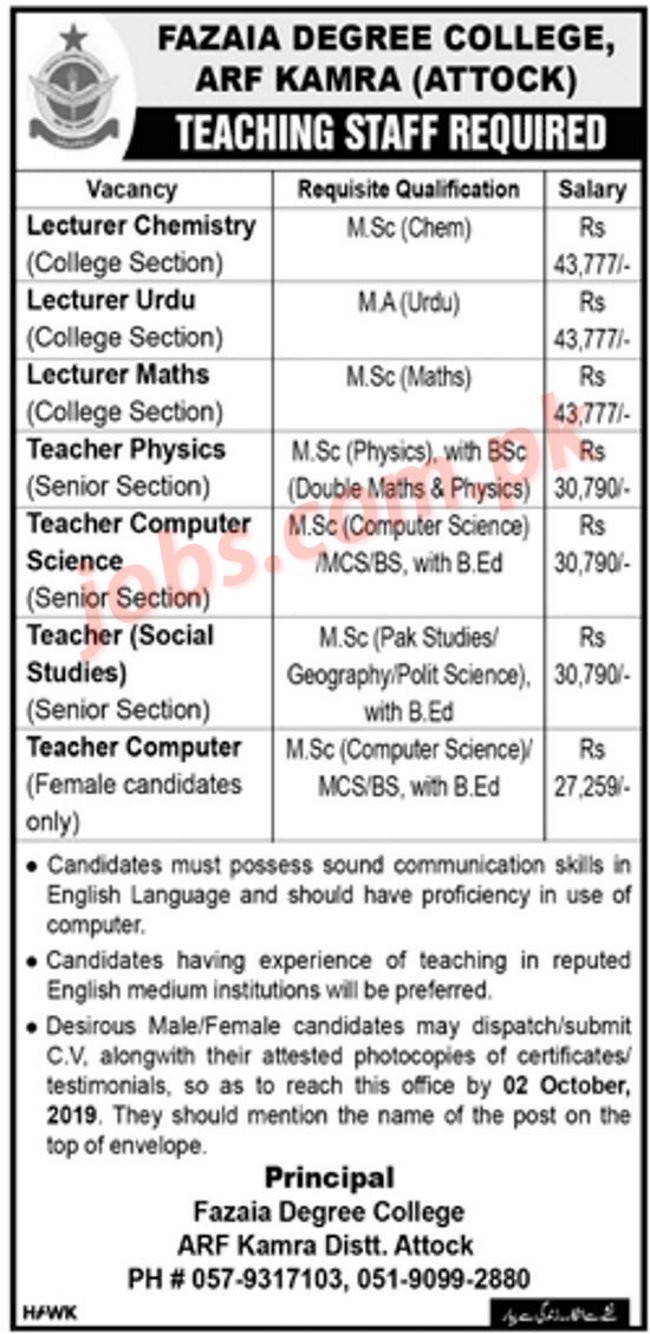 Fazaia Schools & Colleges Jobs October 2019 For Teaching & Non-Teaching Staff (Attock, Peshawar, Islamabad)