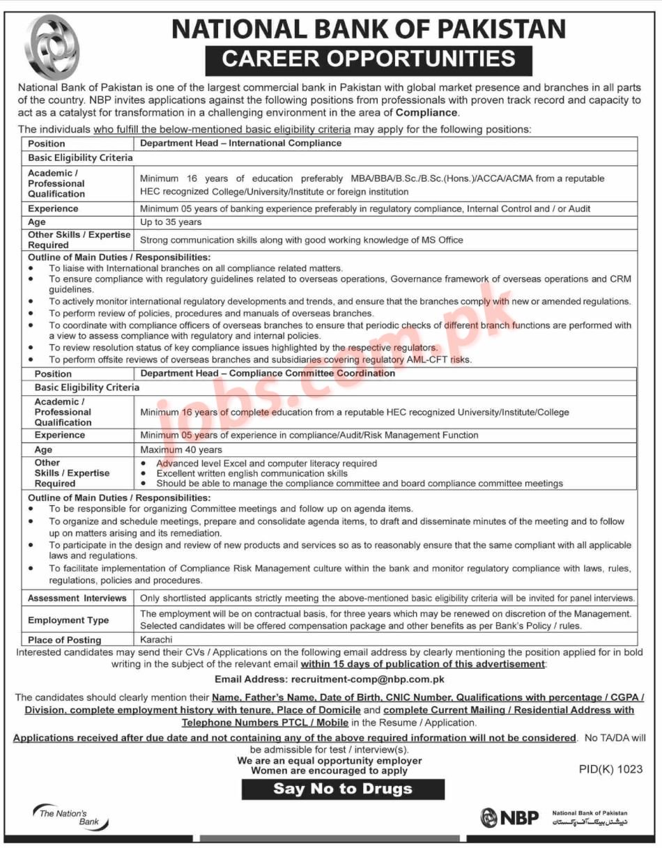 National Bank Of Pakistan (NBP) Jobs 2019 For Assistant Manager, Officers, Manager, Credit Risk Analyst, Risk Manager, Compliance And LEA Reporting Officer 