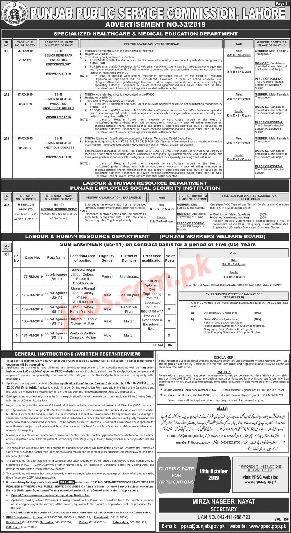 PPSC Jobs (33/2019): 840+ Educators, Sub-Engineers And Other Posts In Punjab Government