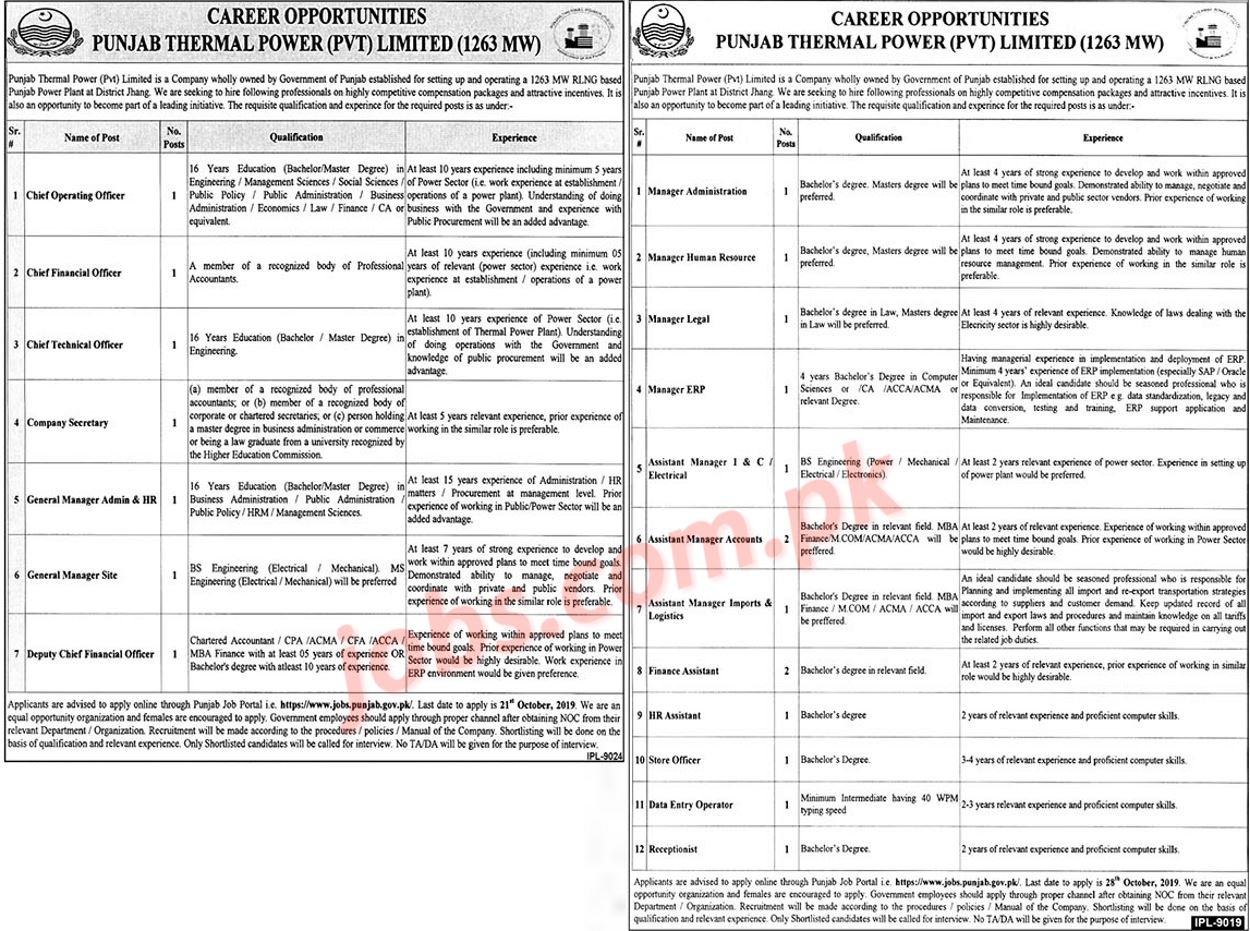 Punjab Thermal Power Ltd (PTPL) Jobs 2019 For Assistants, Assistant Managers, Managers & Other (Multiple Categories) Full Time