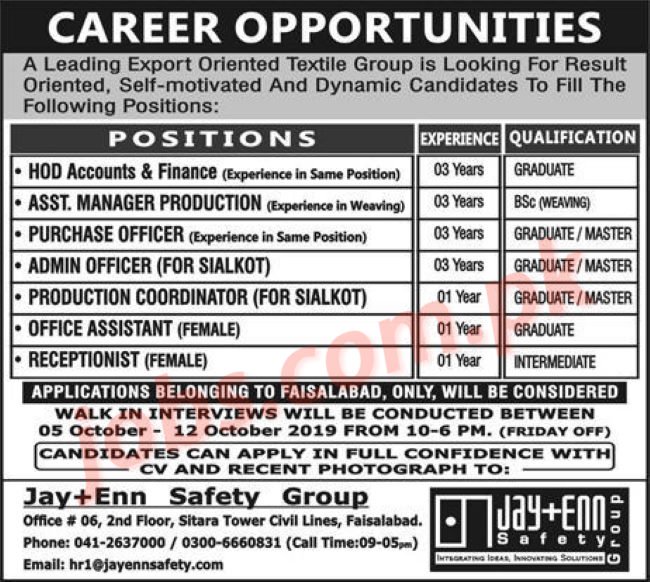 Jay+Enn Safety Group Jobs 2019 For Admin, Accounts/Finance, Asst Manager Production, Purchase/Procurement, Coordinator, Office Staff Full Time NEW