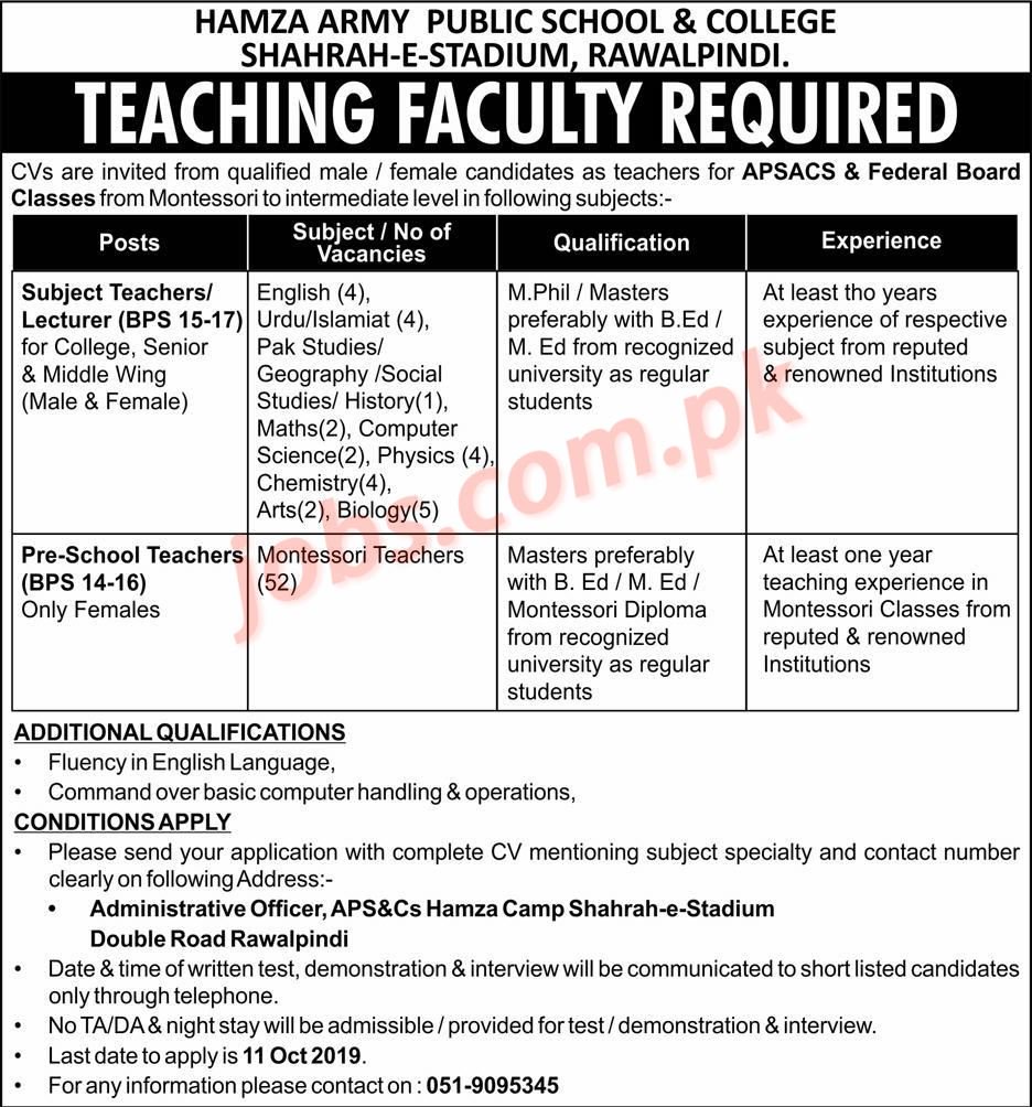 Hamza Army Public School & College Rawalpindi Jobs 2019 For 80+ Pre-School Teachers & Subject Specialists