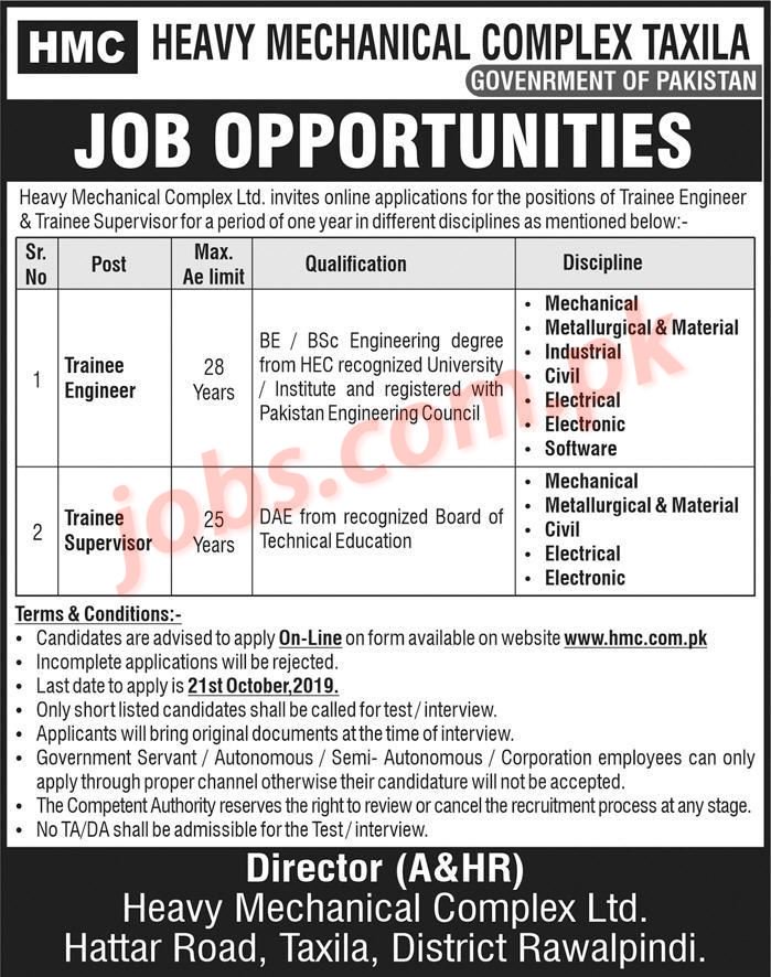 Heavy Mechanical Complex Taxila Jobs 2019 For Trainee Supervisors And Trainee Engineers