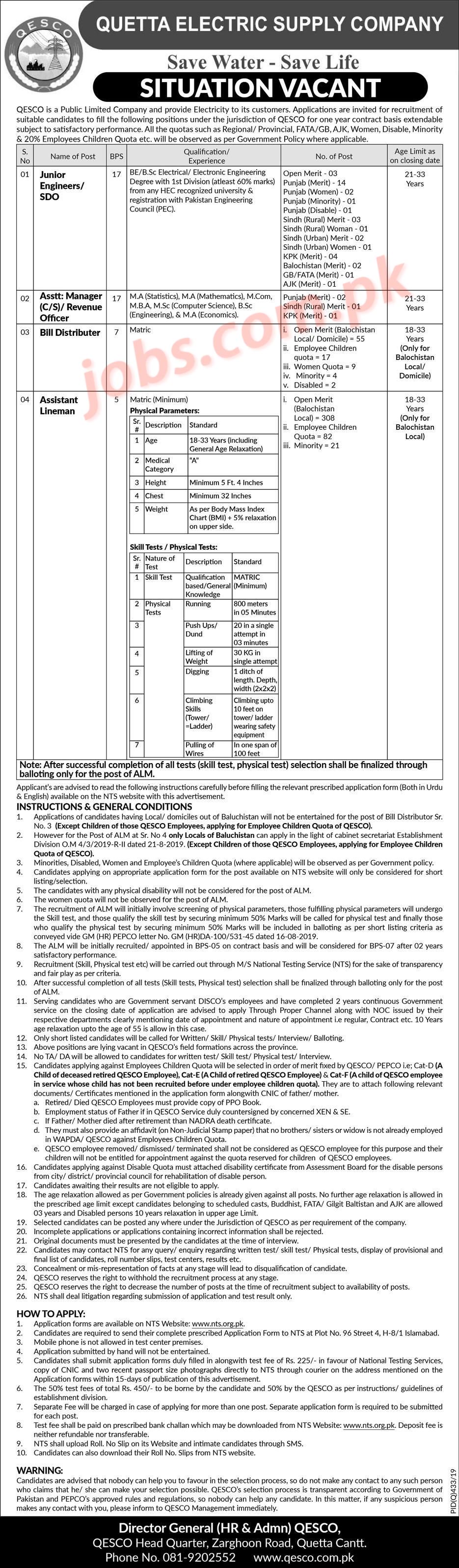 Quetta Electric Supply Company (QESCO) Jobs 2019 For 538+ Assistant Lineman, Bill Distributors, Jr Engineers And Revenue Officers
