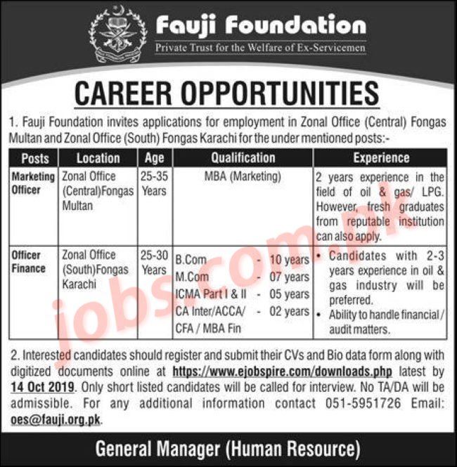 Fauji Foundation Jobs 2019 For Marketing Officer & Officer Finance Vacancies