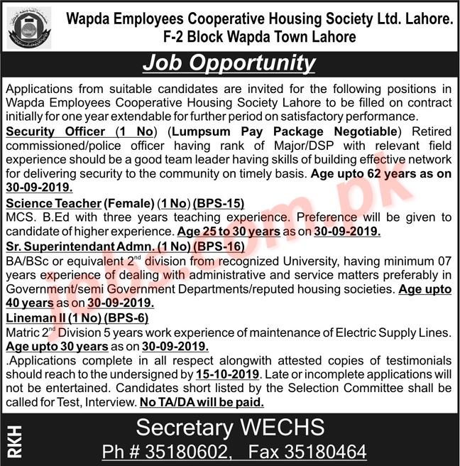 WAPDA Employees Coop Housing Society Jobs 2019 For Admin, Superintendent, Teacher, Lineman And Security Officer