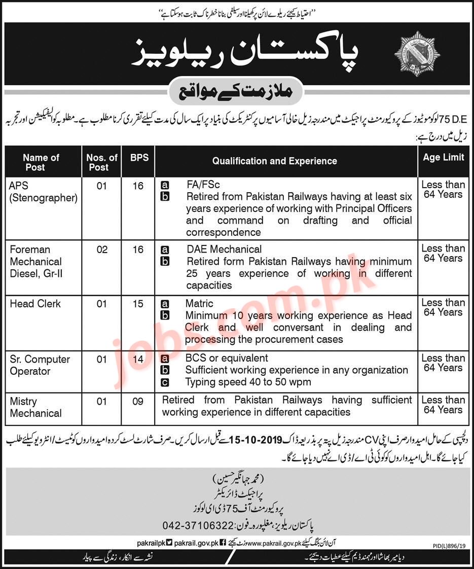 Pakistan Railways Jobs 2019 For Stenographer, Clerk, Computer Operator, Foreman And Mistry Vacancies Full Time NEW