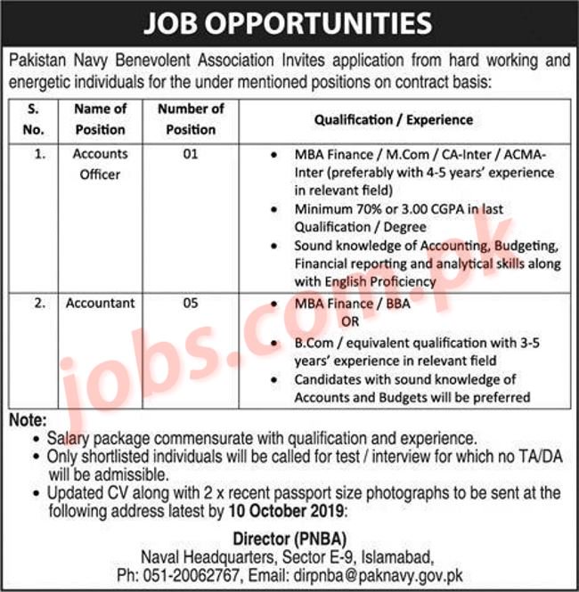 Pakistan Navy Benevolent Association Jobs 2019 For 6+ Accountant And Accounts Officer
