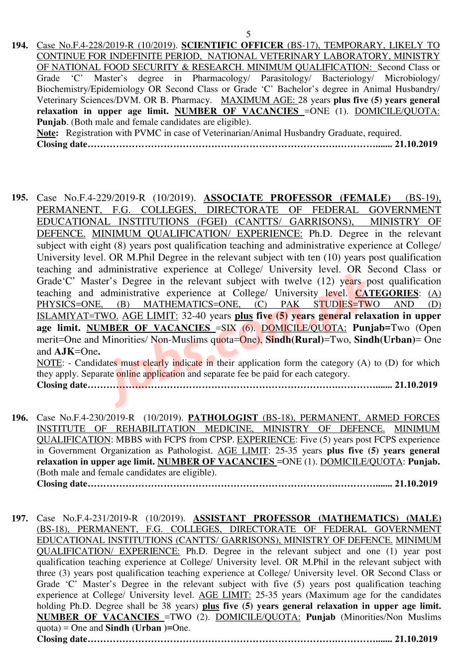 FPSC Jobs (10/2019) For 220+ Inspectors, Assistant Executive Engineers, Medical Officers & Other Full Time NEW