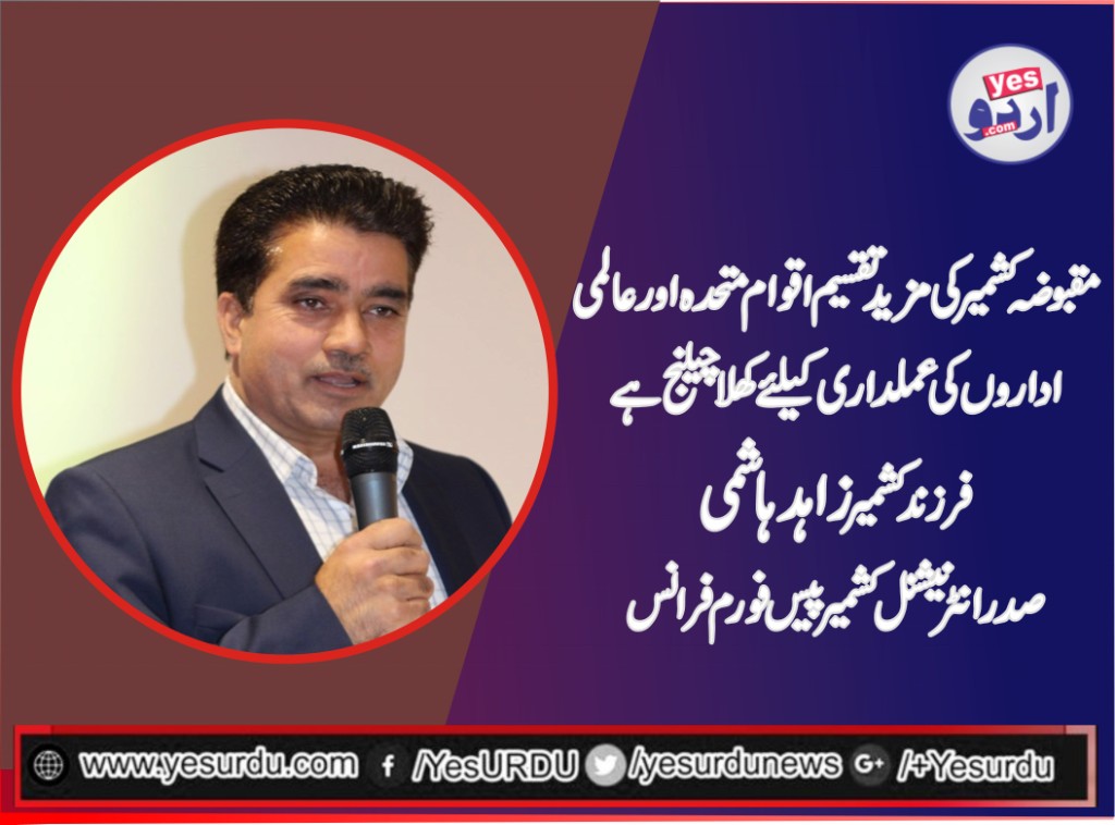 مقبوضہ کشمیر کی مزید تقسیم اقوام متحدہ اورعالمی اداروں کی عملداری کیلئے کھلا چیلنج ہے، زاہد ہاشمی