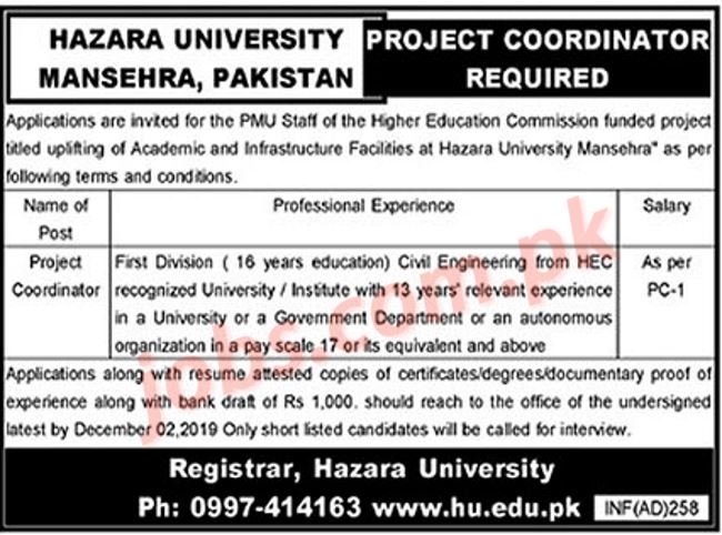 Hazara,University,Mansehra,Jobs,2019,for,Project,Coordinator Posted:,21,Nov,2019,11:33,PM,PST ,