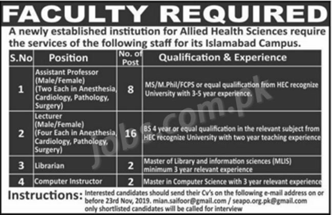 Allied,Health,Sciences,Islamabad,Jobs,2019,for,28+,Teaching,&,Non-Teaching,Posts Posted:,20,Nov,2019,10:27,PM,PST Allied,Health,Sciences,Islamabad,Jobs,2019,for,28+,Teaching,&,Non-Teaching,Posts,to,be,filled,immediately.,Required,qualification,from,a,recognized,institution,and,relevant,work,experience,requirement,are,as,following....