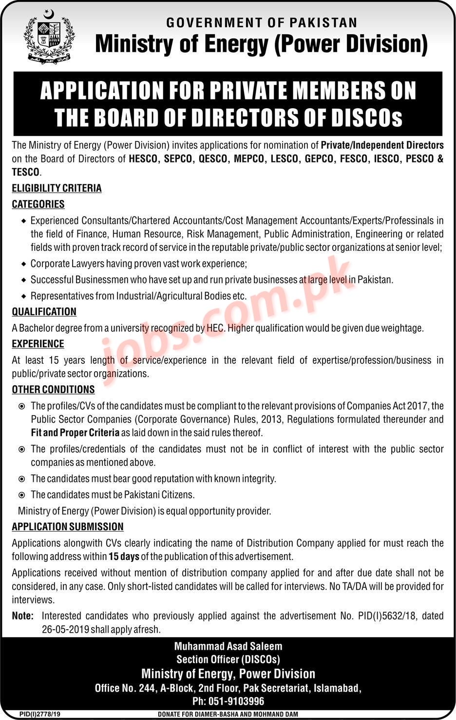 Ministry,of,Energy,Jobs,2019,for,Private,Members,and,Directors Posted:,23,Nov,2019,11:05,PM,PST Ministry,of,Energy,Jobs,2019,for,Private,Members,and,Directors,to,be,filled,immediately.,Required,qualification,from,a,recognized,institution,and,relevant,work,experience,requirement,are,as,following.,Eligible,candidates,are,encouraged,to,apply,to,the,post,in,prescribed,manner.,Incomplete,and,late,submissions/applications,will,not,be,entertained.,Only,short,listed,candidates,will,be,invited,[…] Last,Date,of,Apply,:,9th,December,2019