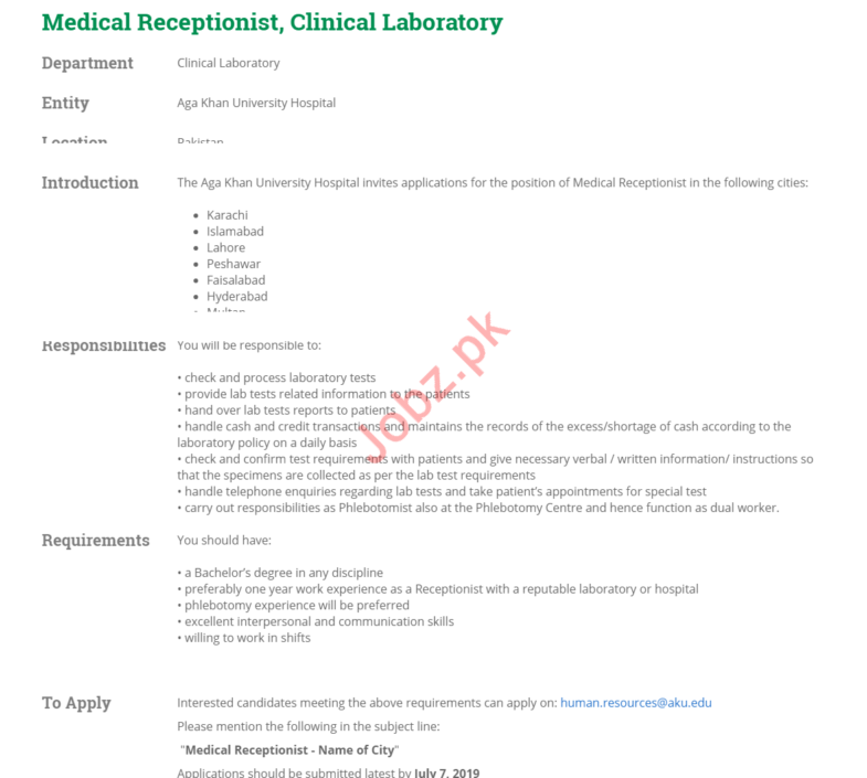 Medical,Receptionist,,Clinical,Laboratory,Faisalabad,&,Lahore,–,Aga,Khan,University,Hospital Posted,under,Management,/,Administration,on,November,26th,,2019