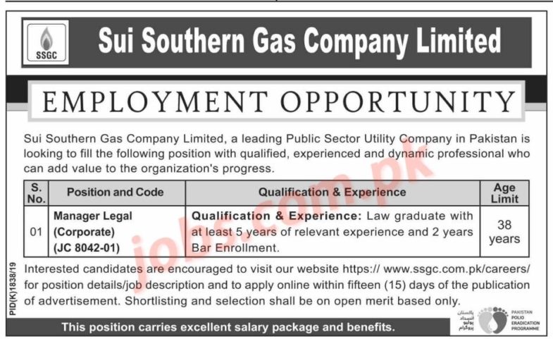 Sui,Southern,Gas,Company,(SSGC),Jobs,2019,for,Manager,Legal Posted:,25,Nov,2019,02:02,AM,PST