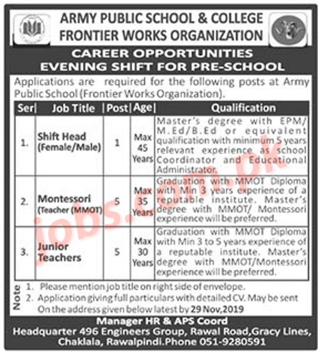 Army Public School & College Rawalpindi Jobs 2019 for Shift Head and Teachers