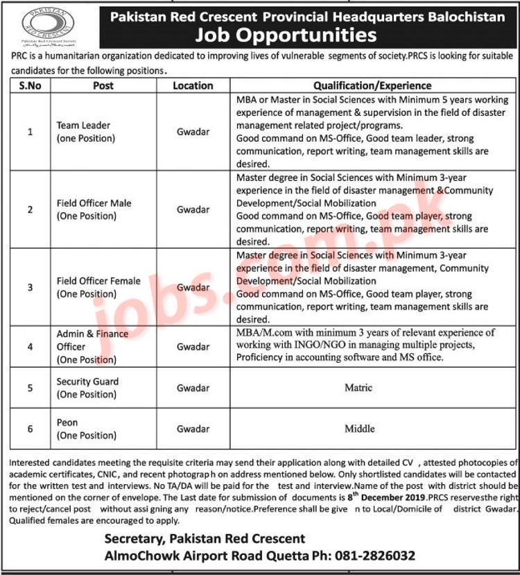 Pakistan,Red,Crescent,Society,(PRCS),Jobs,2019,for,Team,Leader,,Field,Officers,,Admin,,Finance,&,Other