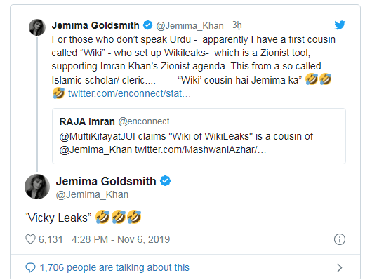 Vicky, is, Jemima Khan's, cousin, says, mufti kifayat ullah, and, Jemima gold smith, retweeted, the,fact