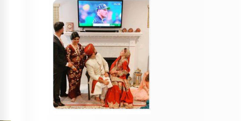 Pakistani, groom, sent, his, photo, to, ICC, with, caption, that, he, is, big, fan, of, cricket, and, watching, match, while, sitting, with, bride