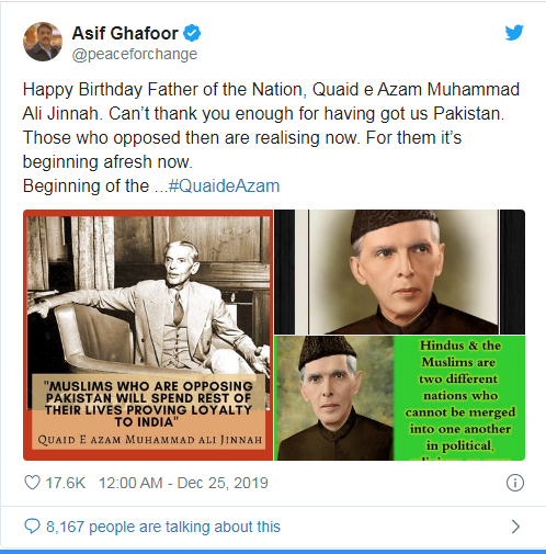 HINDUS, AND, MUSLIMS, ARE, TWO, DIFFERENT, NATIONS, DG ISPR, ASIF GHAFOOR, SHARED, THE, QUAID E AZAM, PICTURE, WITH, THEIR, PHOTO