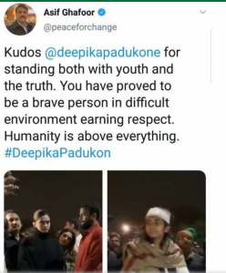 DG ISPR, MAJ GEN ASIF GHAFOOR, TWEETED, IN FAVOR, OF, DEPIKA PEDUKON, SHE, PARTICIPATED, IN, THE, ANTI, MOODI, PROTEST, IN, INDIA