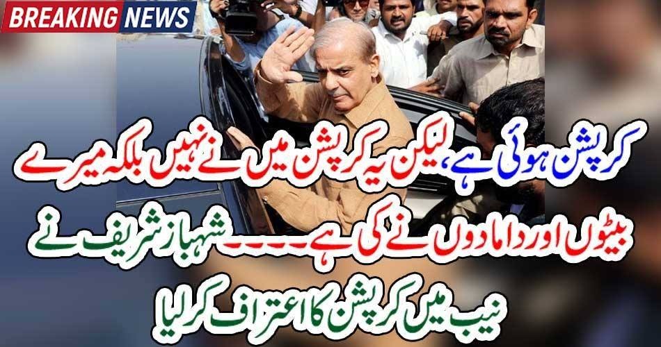 کرپشن ہوئی ہے، لیکن یہ کرپشن میں نے نہیں بلکہ میرے بیٹوں اور دامادوں نے کی ہے۔۔۔شہباز شریف نے نیب میں کرپشن کا اعتراف کرلیا