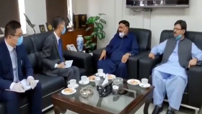 CHINESE AMBASSADOR, MEET, FEDERAL, MINISTER, OF, RAILWAY, SHEIKH RASHEED AHMED, AT, ISLAMABAD